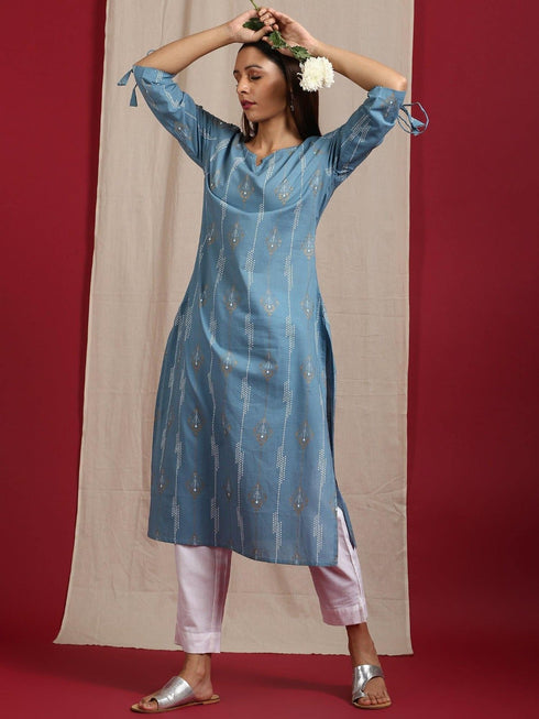 Turquoise Blue Cotton Ethnic Motifs Straight Kurta